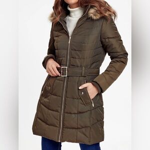 Karl Lagerfeld Olive Puffer Coat with Faux Fur removable Hood small